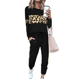PrettyGarden Women's Leopard  Print 2 Piece Tracksuit Crew Neck Long Sleeve Tops Long Sweatpants Outfits Lounge Sets