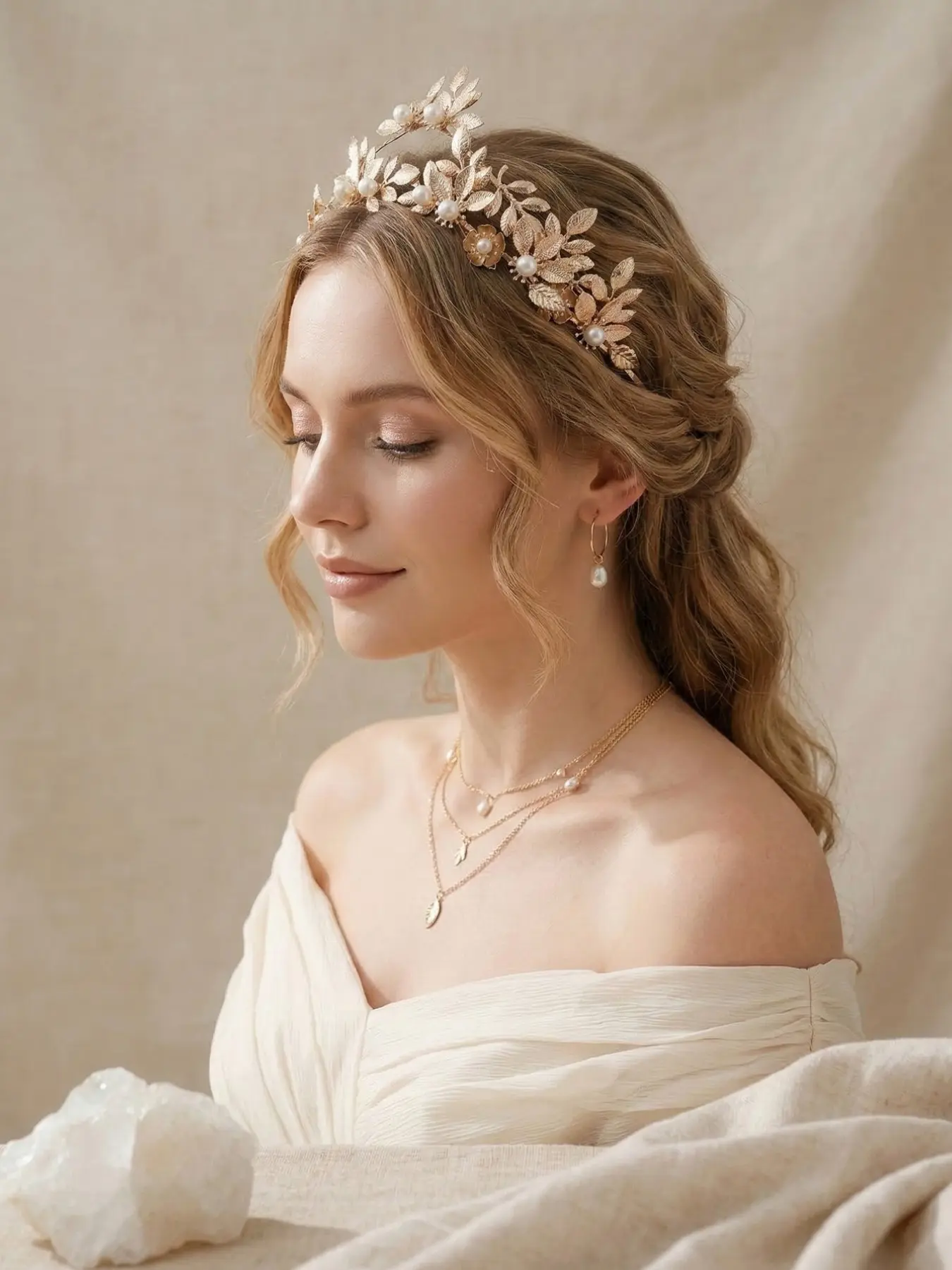 Vintage Gold Leaf Pearl Bride Crown, Elegant Handmade Floral Hairband, Wedding Party Goddess Photo Headpiece, Boho Style