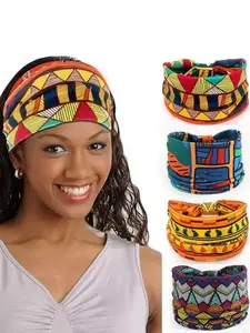 Boho Women Hairbands Set, African Print Wide Elastic Yoga Headband, Workout Headband, Sporty Knotted Design, Pack of 4, Fashion Accessories