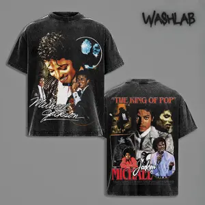 Retro Michael Jackson - King Of Pop V3 Graphic Tee Washed – Double Sided Print Oversized Acid-Washed Heavyweight Cotton T-Shirt – Unisex 90S Music Tee, Perfect Gift for Music Fans and Lovers Menswear Tops