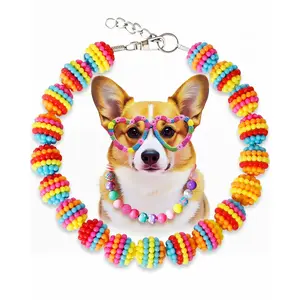 Rainbow Pearl Dog Collar Pet JewelryPet collar for Border Collies, pets, blue and pink round faux pearl chain pet necklace