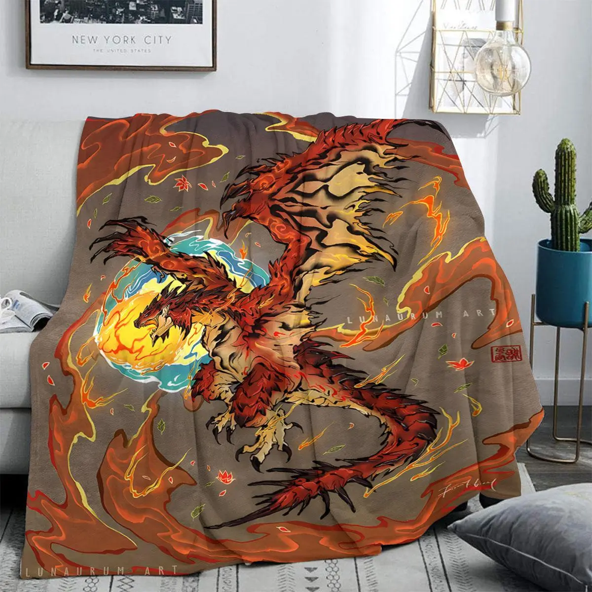Oriental Fire Dragon Art Print Flannel Blanket Soft Plush Warm Throw Blanket, Breathable Comfortable Gothic Decorative Home Blanket For Bedroom Couch Nap, Giftable Fantasy Room Outdoor Print Flannel Blanket For Dragon Art Fans