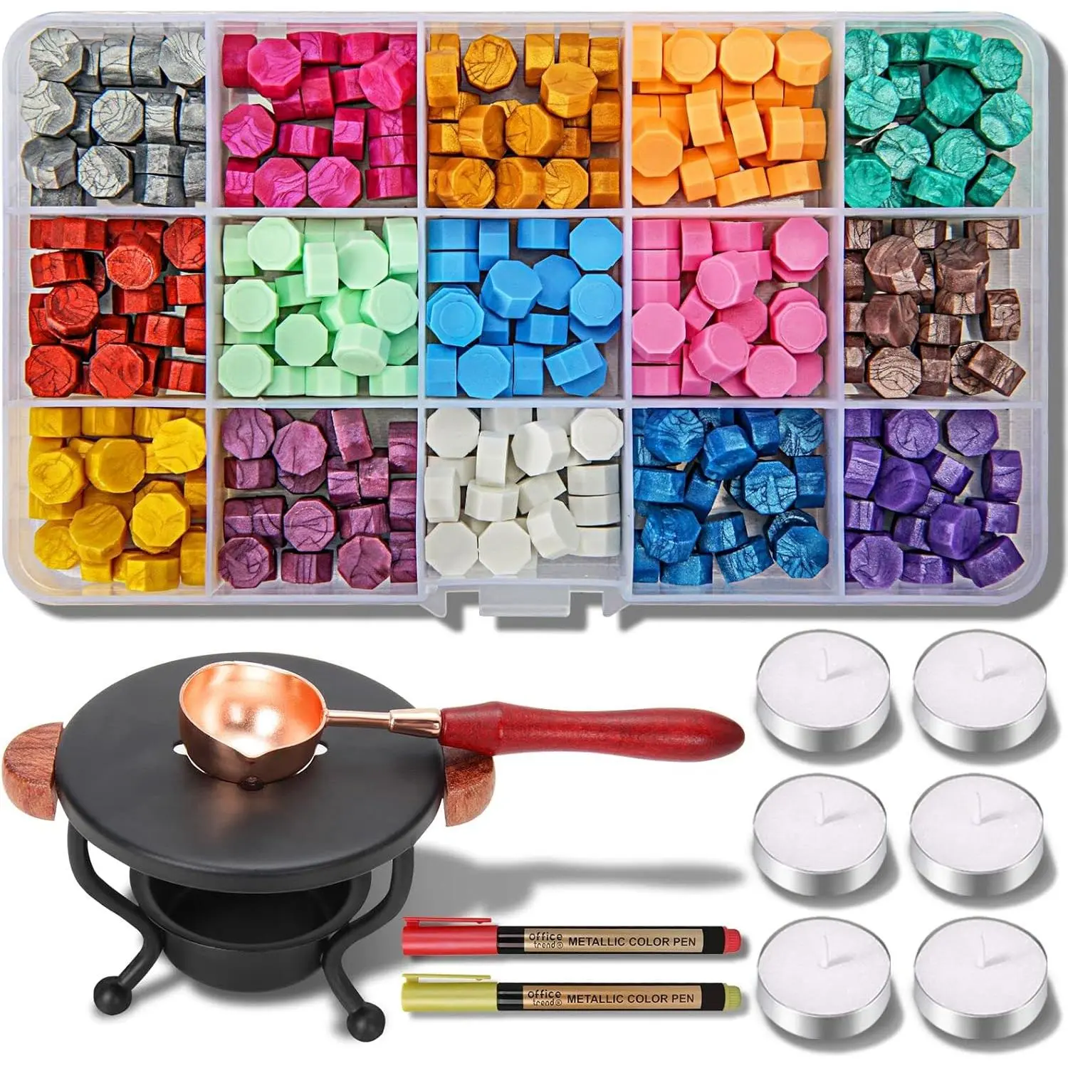 Sealing Wax Kit, 310 count With Beads, 2 Pens, Warmer,  Spoon and Candles for Letter Sealing, Envelopes, Custom Invitations - 15 Colors