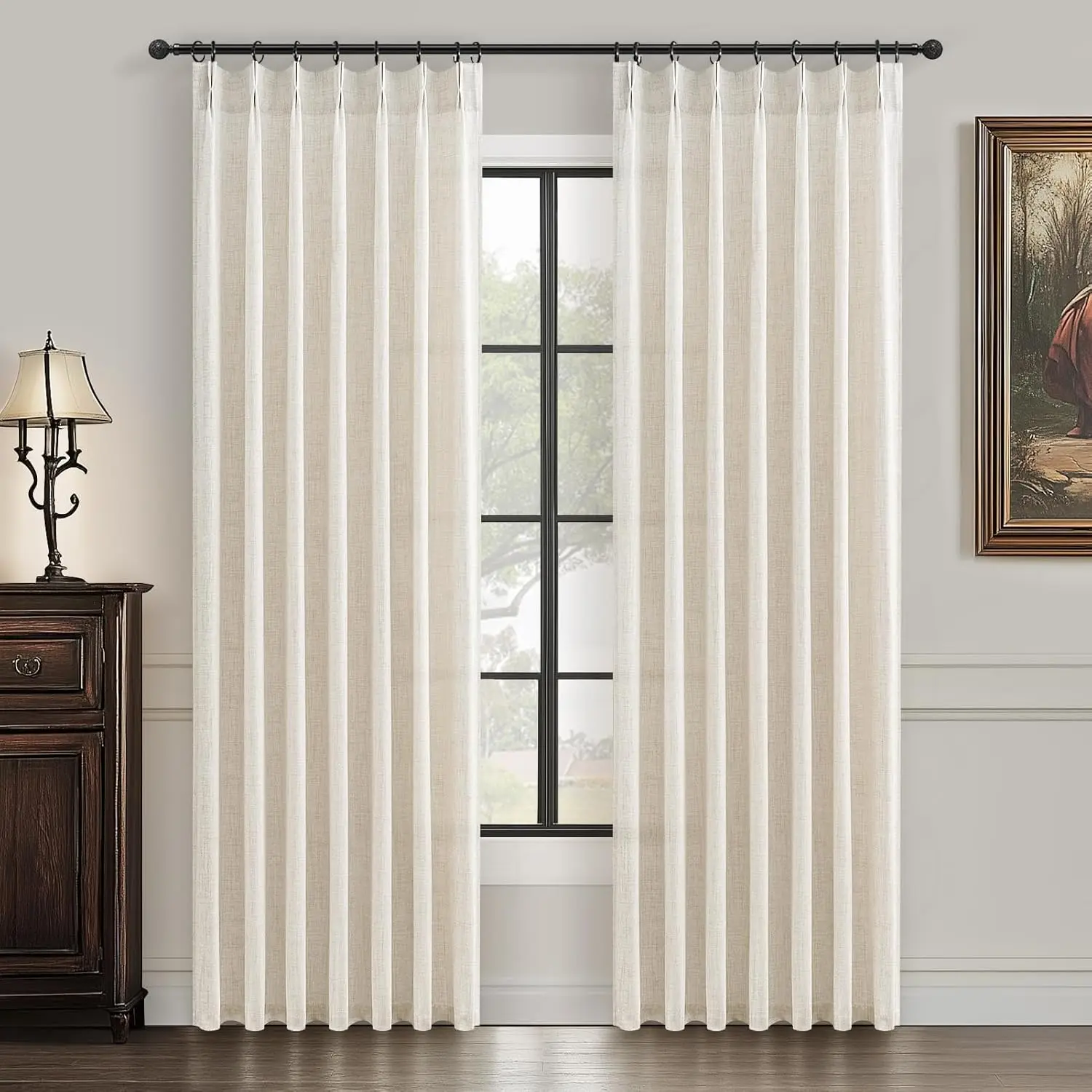Viral Pinch Pleat Linen Window Curtains, 2 Panels (60"W x 84"L) Cream Beige Light Filtering Semi Sheer Privacy Drapes, Adjustable Size Artificial Fabric Curtains for Home Decor, Heat Insulation Curtain Panels
