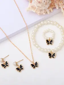 4 Piece Fashion Bridal Jewelry Set For Wedding, Pearl Butterfly Design, Bracelet Ring Earrings Necklace, Elegant Accessory Collection