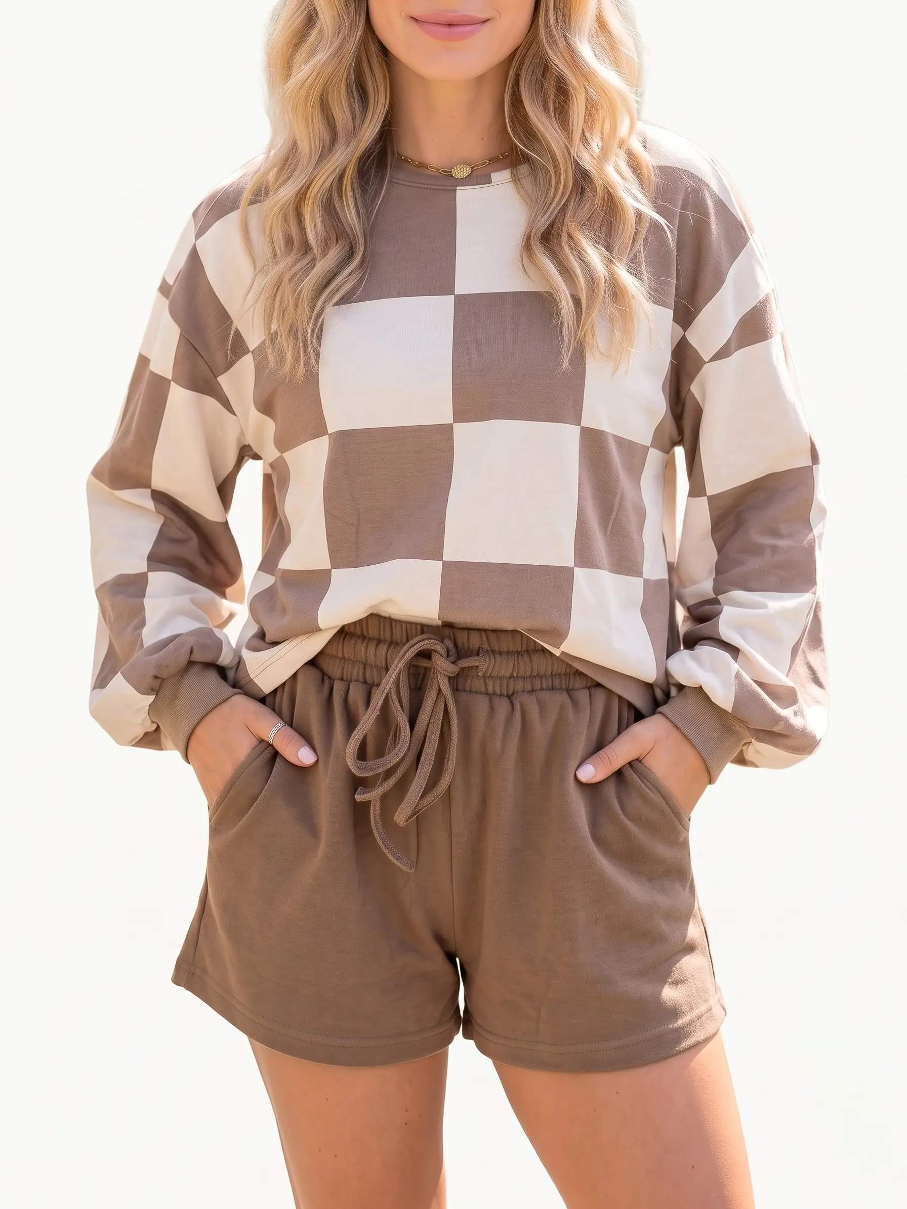 Womens 2 Piece Lounge Set Long Sleeve Checkerboard Pullover Top and Drawstring Shorts Casual Sweatsuits Pajamas