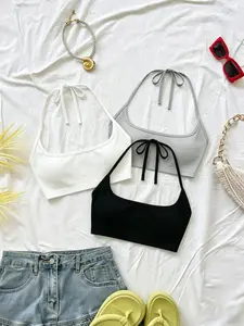 Women's Solid Color Halter Short Top, Tie Backless Adjustable Sleeveless Tank Top Set, Three-Piece, Casual, Fashionable and Stylish
