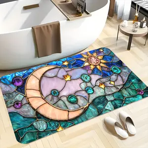 Whimsical Stained Glass Moon And Sun Bathroom Mats, Bathroom Drying Doormat, Highly Absorbent Floor Mats, Water Absorbent Bathmat, Anti-slip Quick-drying Soft Carpets, Non Slip Mat, Suitable for Shower, Bathtub, Outdoor, Bathroom Accessory