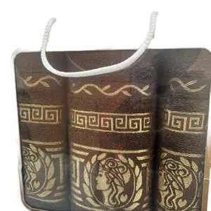 ValentinaTowel Set - 3 pcs Brown with Gold Greek Key Design Bathroom Towels for Everyday Use