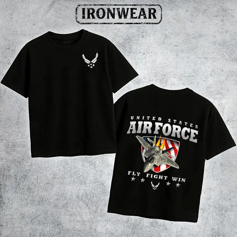 IronWear United States Air Force F-22 Raptor T-Shirt for Men, USAF Fly Fight Win Graphic Tee, 1947 Air Force Military Aviation Fighter Jet Shirt Outdoor Sports Apparel Gift Men