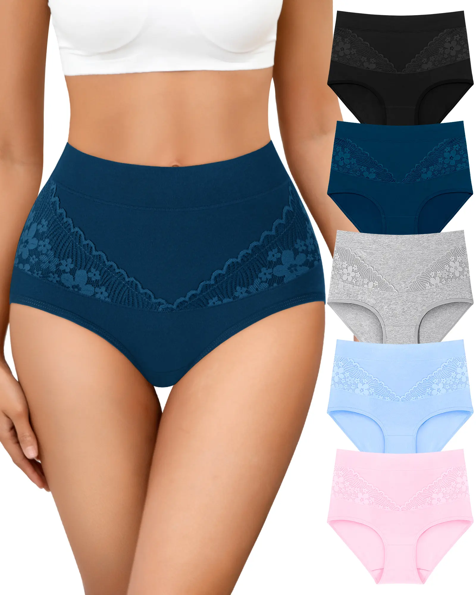 Women's 5-Pack High-Waisted Cotton Briefs, Center Lace Soft Stretchy Underwear, Hip-Lifting Full Coverage Solid Color Panties for Daily & Outdoor Wear