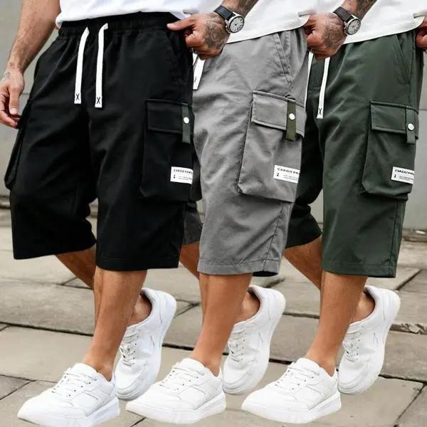 Men's Summer Casual Cargo Shorts - Elastic Drawstring Waist, Multiple Pockets & Letter Patch Design, Regular Fit Mid-Rise Non-Stretch Fabric for Daily Wear & Leisure Activities, Nontransparent Fabric