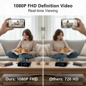 Alarm Clock Camera 2-in-1, 1080P FHD Video Recording with Time Display, HD Night Vision, 2600mAh Long Battery Life, WiFi & AP Hotspot Remote Viewing, Local Storage, Smart Home Device for