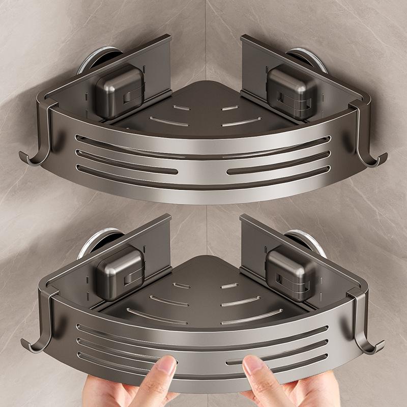 1/2-Pack Aluminum Gun Gray Triangular Suction Cup Shower Caddy, 1/2-Tier Corner Shelves Shower Storage Rack, Drill Free Wall Mount Shower Organizer, 40lbs Load Capacity Bathroom Accessories Towels Hook Toiletries
