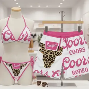 Coors Couple's Swimwear Set - Women's Swim Bra & Tie-Side Thong Bikini, Men's Beach Shorts, Summer Vacation Hawaiian Swimwear for Couples