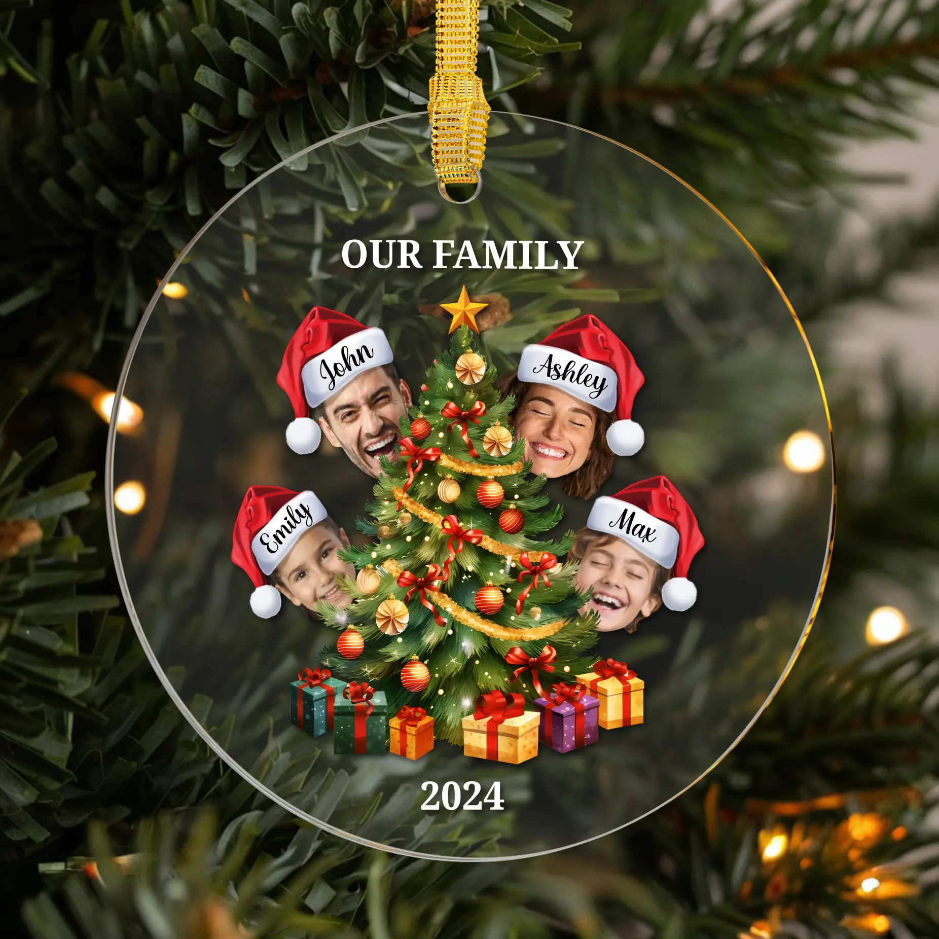 Personalized Family Christmas Ornament 2024, Custom Photo Ornament With Santa Hats And Names, Unique Christmas Tree Decoration Keepsake For Families