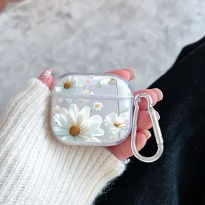 White Daisy Delight Pattern Protective Case for AirPods 4/3/2/1/Pro/Pro2 Soft TPU Earphone Cover, Transparent with Keychain