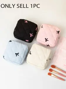 Bow Embroidery Quilted Makeup Bag, Small Portable Cosmetic Pouch for Women, ONLY 1 PC
