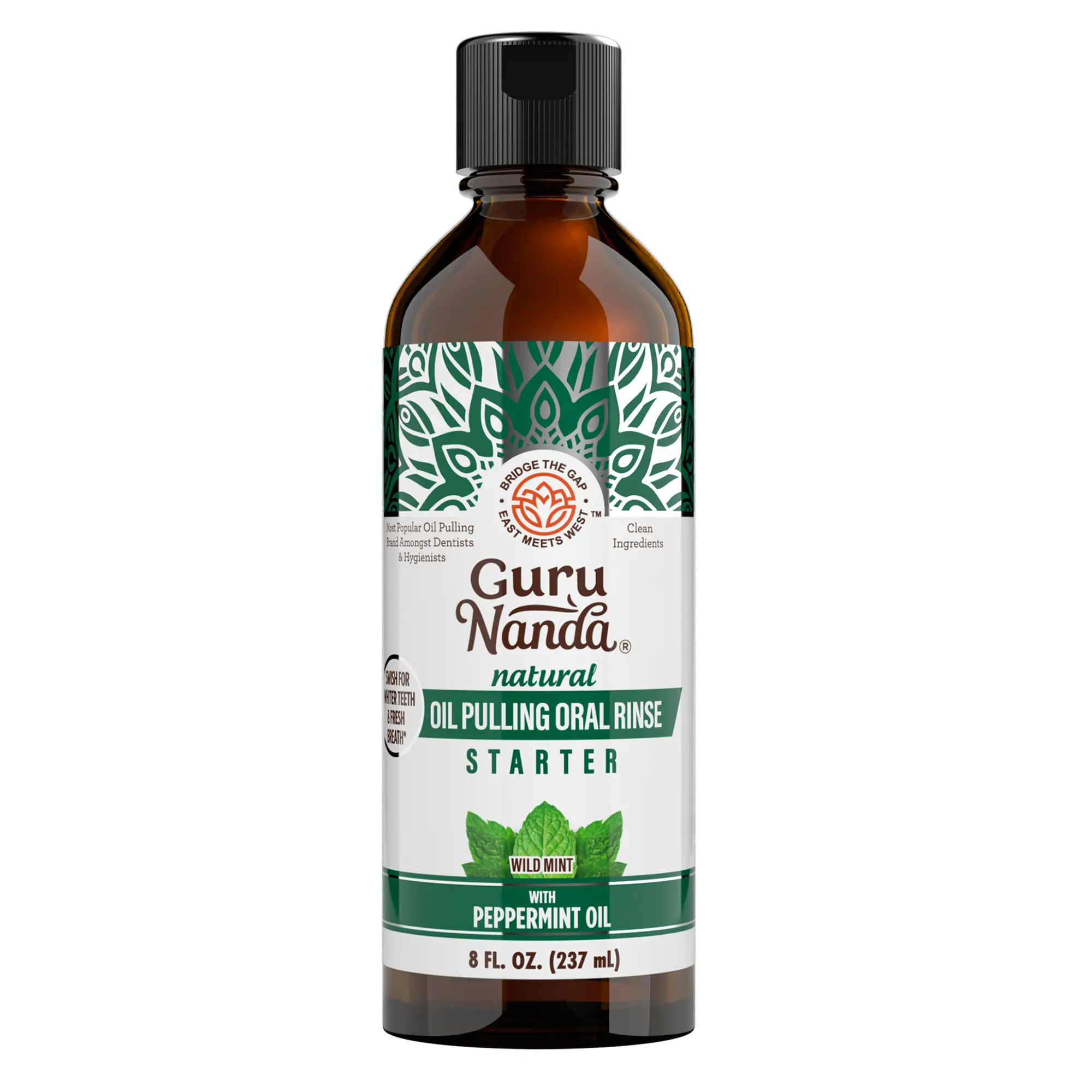 GuruNanda Coconut and Peppermint Starter Pulling Oil Mouthwash for Natural Teeth Whitening & Fresh Breath, Alcohol-Free, 8 fl oz Oral Rinse