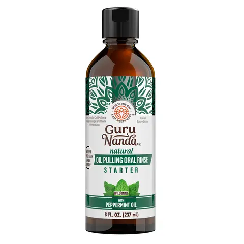 GuruNanda Coconut and Peppermint Starter Pulling Oil Mouthwash for Natural Teeth Whitening & Fresh Breath, Alcohol-Free, 8 fl oz Oral Rinse