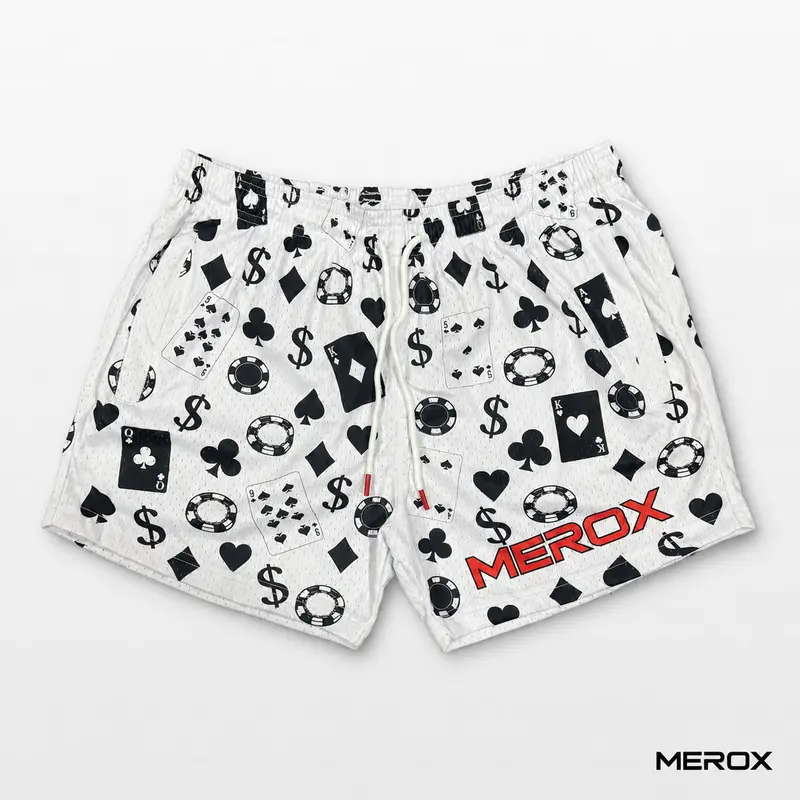 MEROX Casino 5-Inch Mesh Shorts for Men & Women, Unisex Playing Card and Poker Chip Gym Shorts with Zipper Pockets, Drawstring Waist and No Liner
