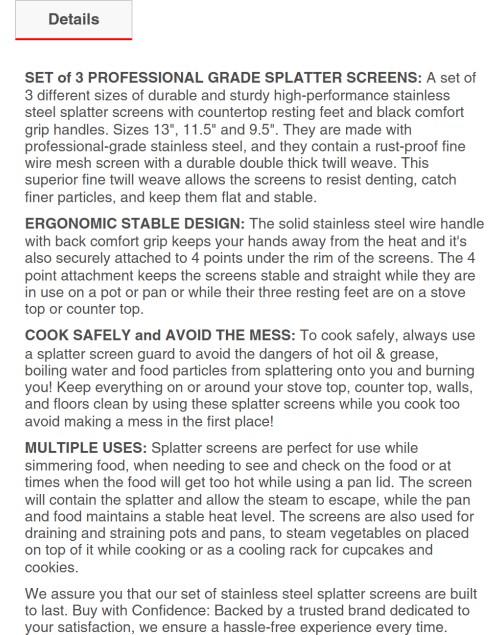 3-Piece Stainless Steel Splatter Guard Set (13", 11.5", 9.5") Fine Mesh Cover, Grease & Oil, Splatter Screen for Frying Pan, Cooking Pots, with Resting Feet & Comfort Grip Handles