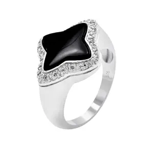 925 Sterling Silver Onyx Center Clear Cluster Border CZ Flower Ring