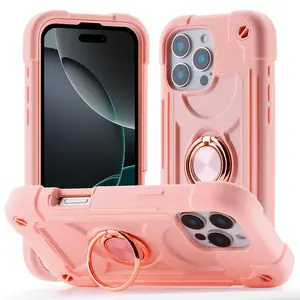 Military grade thickened anti drop iPhone 17 17Air 16ProMax 15Pro Max 14Plus iPhone 14/13 12 11 Pro Max phone case with circular bracket, heavy-duty shock resistant military grade, fashionable rainbow pink, full phone protection