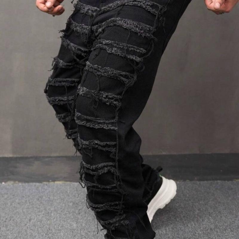 Men's Black Distressed Ripped Jeans - Slim Fit Denim Pants for Casual Wear
