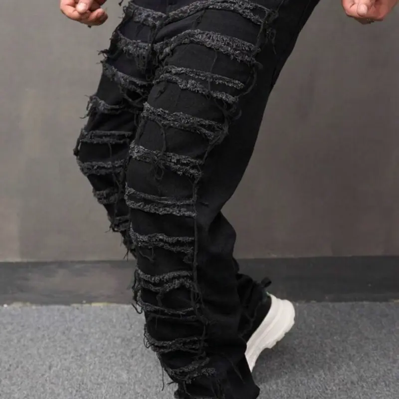 Men's Black Distressed Ripped Jeans - Slim Fit Denim Pants for Casual Wear