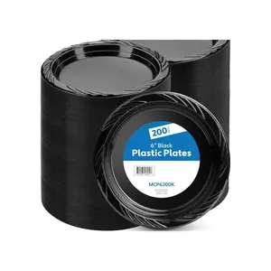 200 Black Plastic Plates Set - 6 Inch Plastic Dessert Plates, Disposable Plates Bulk Pack, Party Plates for BBQ, Picnic, Parties, Travel and Events, Microwavable Recyclable