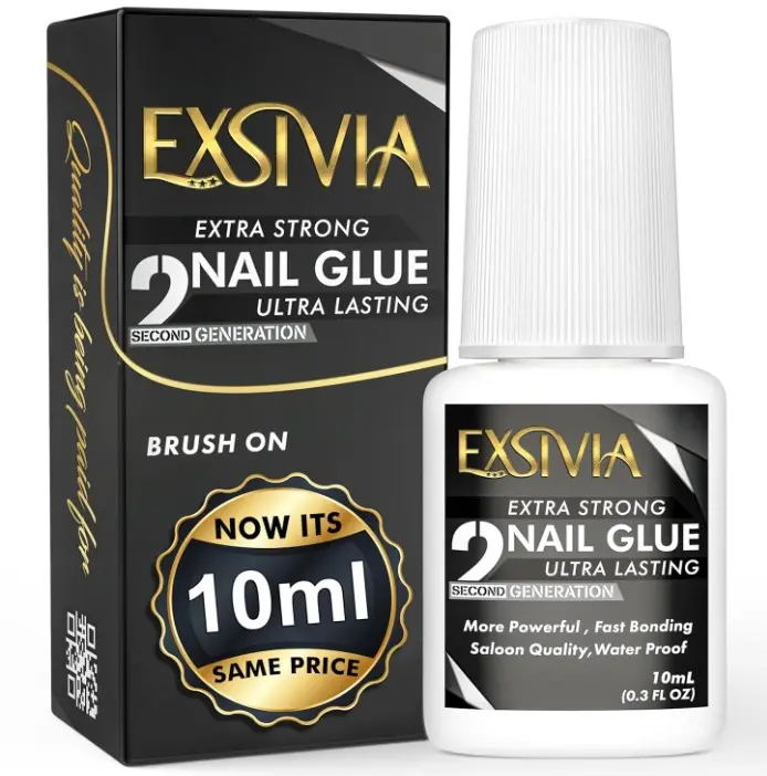 Super Strong Nail Glue for Press On Nails, Acrylic Nails & Nail Tips (10ml) Exsivia NailBond, Extra Strength Long Lasting Brush-On Adhesive, Mess-Free, No Dehydrator or Primer Needed