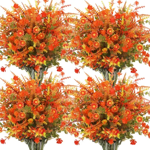 20/24 Bundles Artificial Fall Flowers, Fake Mums Faux Plastic, UV Resistant, Boston Fern, Outdoor Decoration, Garden Patio Decor