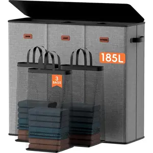 185L Laundry Hamper 3 Section, Laundry Hamper with Lid, Dirty Clothes Hamper with 3 Removable Bags, Large Laundry Basket Organizer for Bedroom, Laundry Room, Dorm - Gray