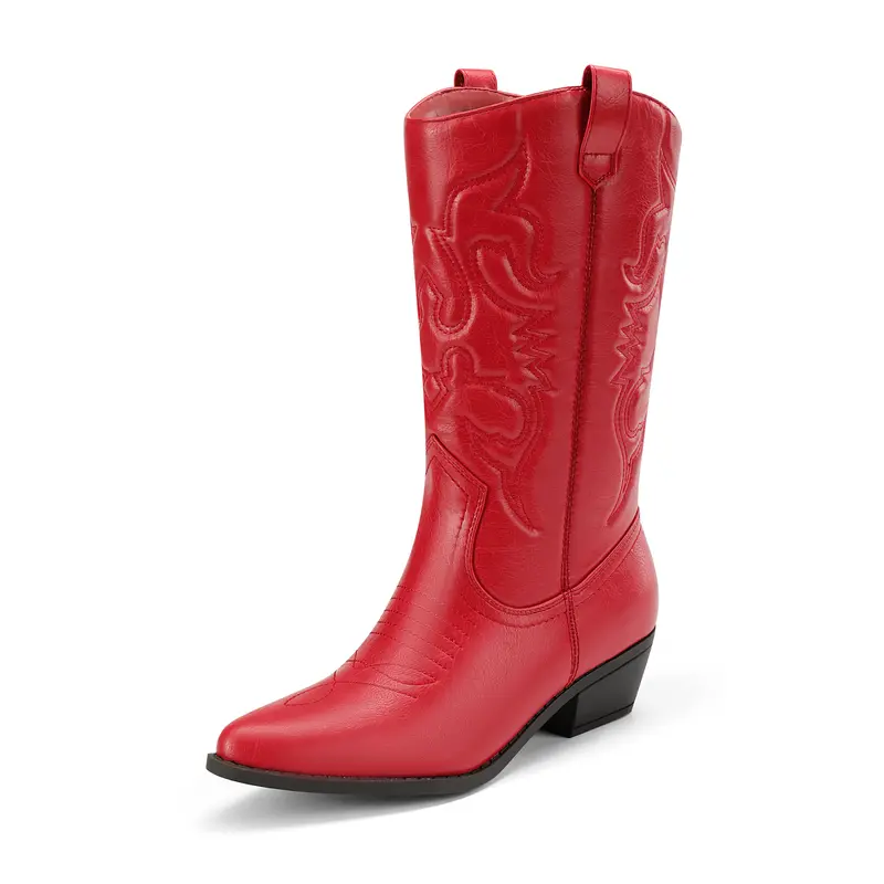 Dream Pairs Women's Stylish Soft Cowboy Boots - Women's Western Style Footwear, Mid-Calf American Traditional Shoes, Low Heel (1-3 cm), Embellished Design, Round Toe, Intelligent Interior