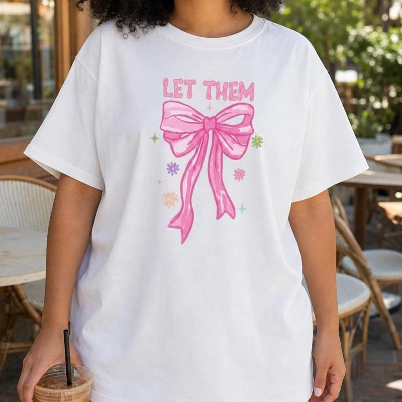 Women's 100% Cotton Short-Sleeve Drop-Shoulder Crew Neck Graphic Print Plus-Size Casual Top - Pink Bow Coquette Aesthetic, Plus Size Clothes, Short Sleeve Tops, Casual Wear