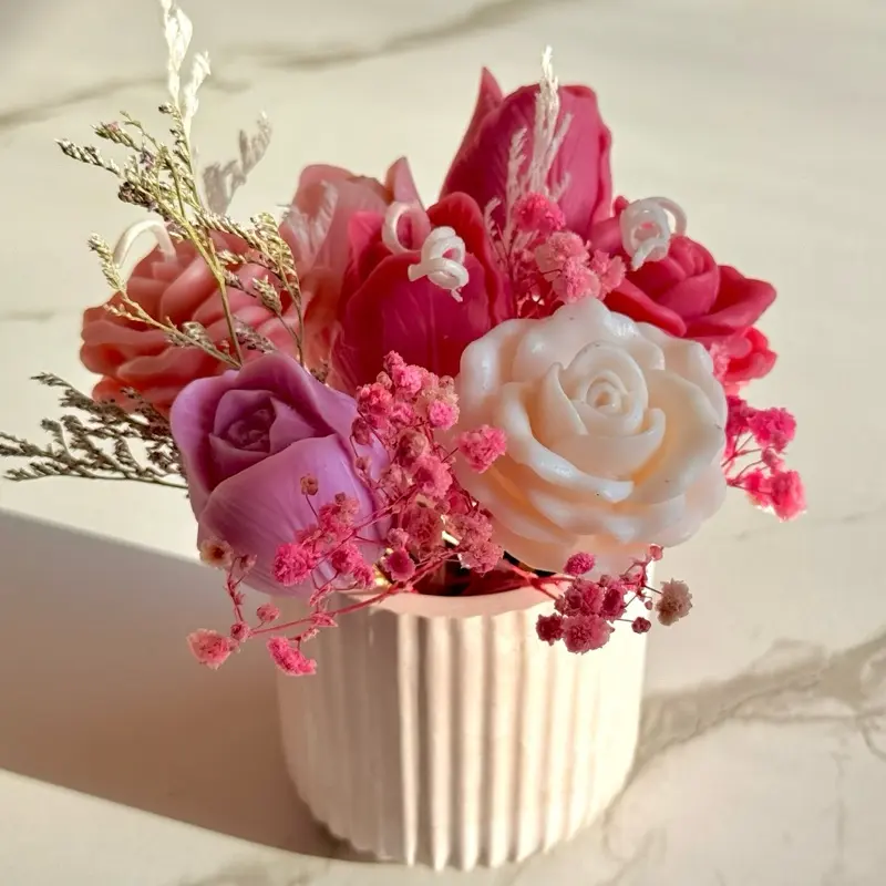 Handmade Flower Bouquet Non Scented Candle and Vase Decor - 3 violet flowers, 1 white flower, 1 purple, 2 pink pastel.  Elegant Floral Arrangement with Candle & Stylish Vase for Home Decor - Ornaments, Decoration, Decorative, Nature
