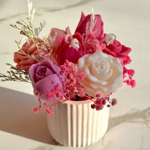 Handmade Flower Bouquet Non Scented Candle and Vase Decor - 3 violet flowers, 1 white flower, 1 purple, 2 pink pastel.  Elegant Floral Arrangement with Candle & Stylish Vase for Home Decor - Ornaments, Decoration, Decorative, Nature