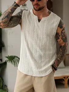 Men's Retro Embroidered Tank Top | Lightweight Woven Fabric & Minimalist Notch Collar | Breathable for Hot Weather | Ideal for Loungewear, Street Style & Tropical Getaways | Must-Have Boho Wardrobe Piece
