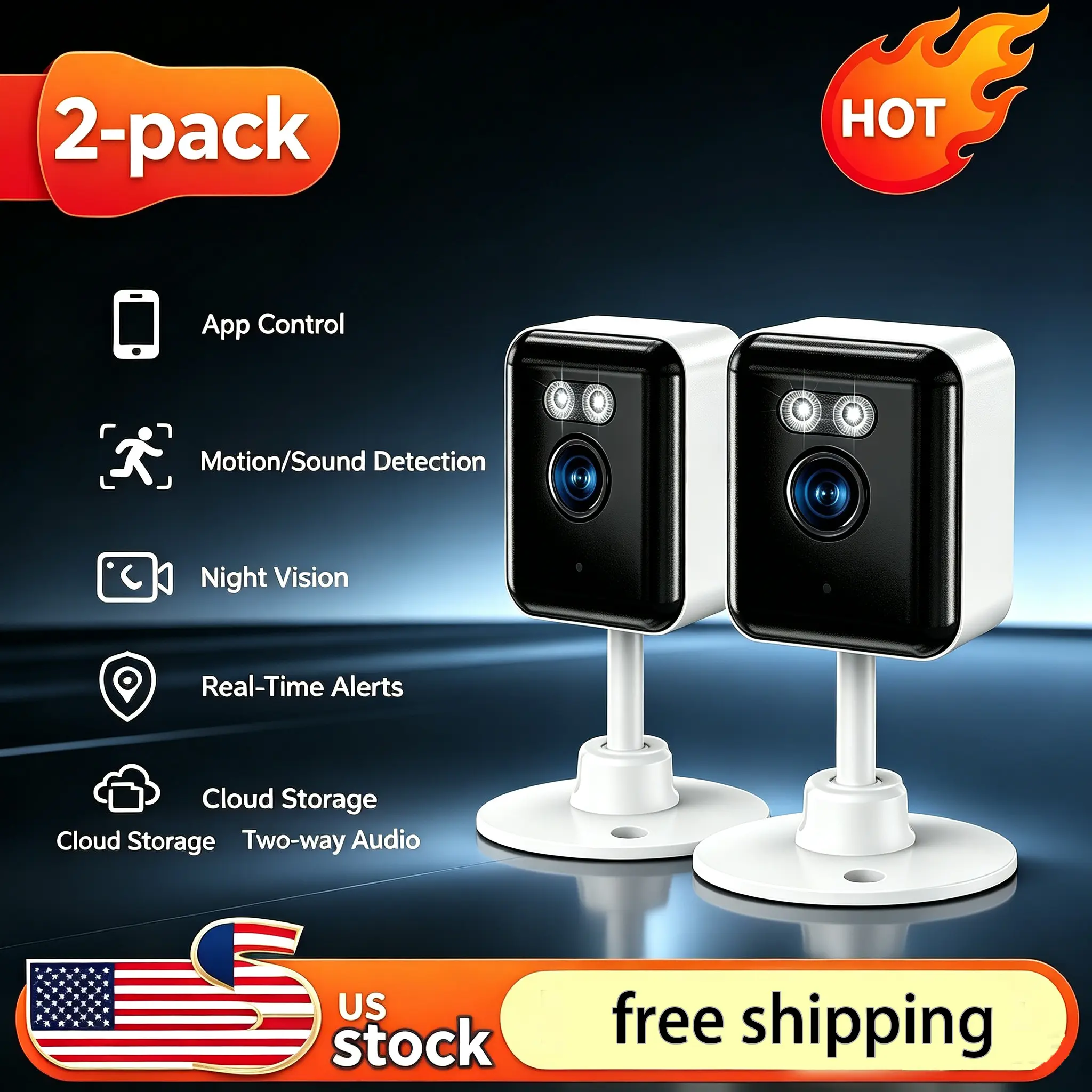 2-Pack Outdoor/Indoor Security Cameras , 2K 2.4ghz wifi HD Color Night Vision/AI Human Motion Detection /2-Way Audio/IP66 Waterproof Monitor Security Camera for Home,camara de seguridad,baby camera monitor