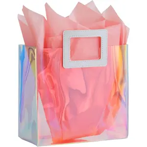 11'' Holographic Medium  Bag with Tissue Paper  Birthday  Bag for Women Girls Iridescent Bachelorette Wedding Bridal Bridesmaid Tote Bag (Pack of 1, M - Glossy Coral)