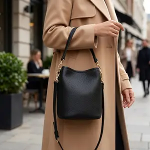 Top-Layer Genuine Leather Viral Must-Have Minimalist Bucket city Bag - High-End Textured Cowhide Medium Crossbody for Women, Elevates Every Look | Multi-way Wear & Gold Accents