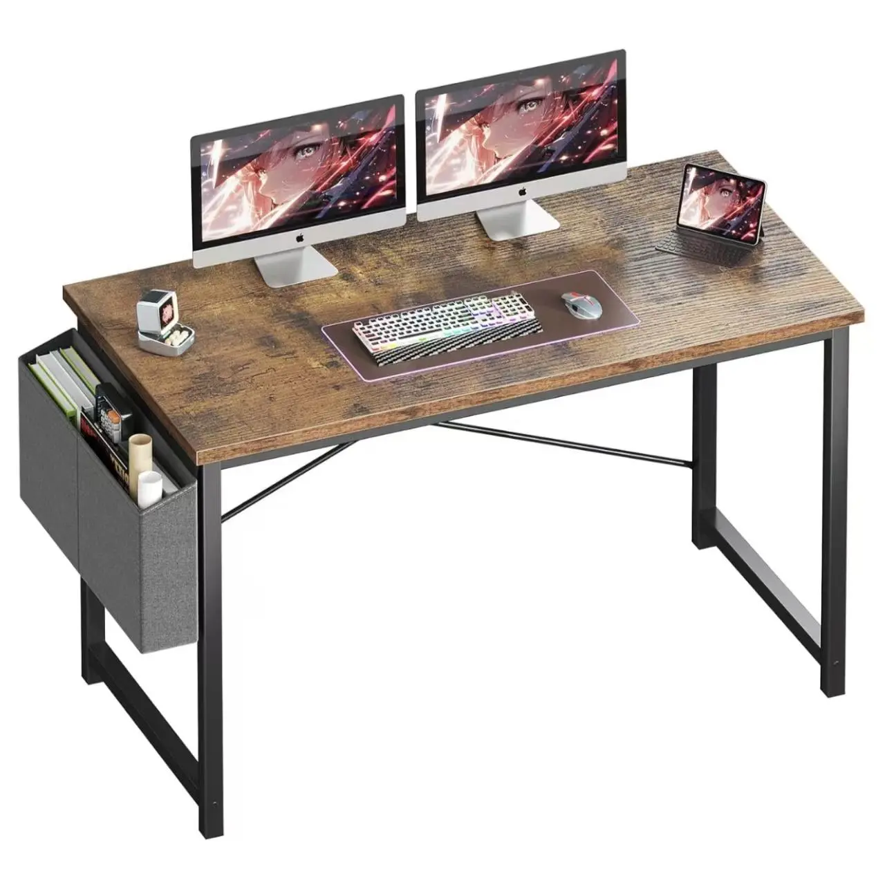 44 Inch Computer Desk with Side Storage Bag - Spacious Home Office Gaming Desk for Bedroom, Living Room - Sturdy Steel Frame Writing Study Table with Reversible Pocket - Modern Design in Black/White/Rustic Brown