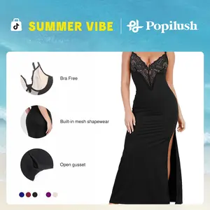 Popilush Formal Lace Built-in Shapewear Set Womenswear Sleeveless Deep V-Neck Maxi Dress Birthday Dress or Wide Leg Jumpsuit Tummy Control Cocktail Party