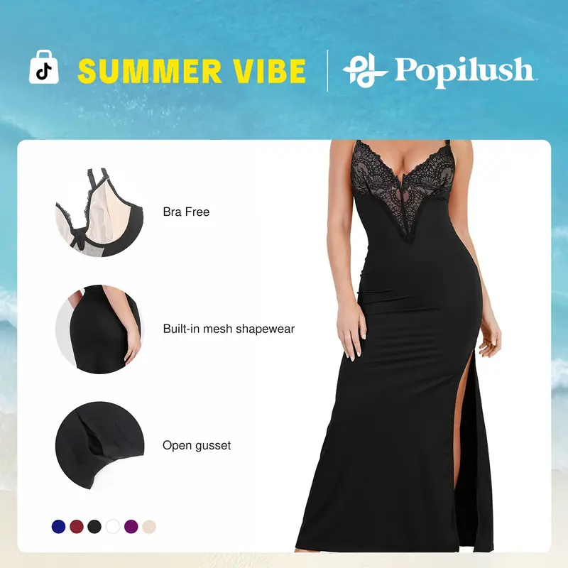Popilush Formal Lace Built-in Shapewear Set Womenswear Sleeveless Deep V-Neck Maxi Dress Birthday Dress or Wide Leg Jumpsuit Tummy Control Cocktail Party