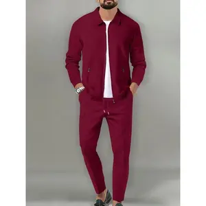 Sporty Two-Piece Set Men's Plain Zip Up Jacket & Drawstring Waist Pants Tracksuit Set, Sports Long Sleeve Collared Outerwear