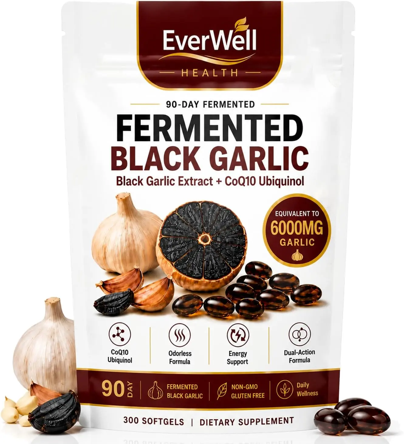 Everwell Fermented Black Garlic 300 Softgels, Odorless Vegan Non-GMO Supplement