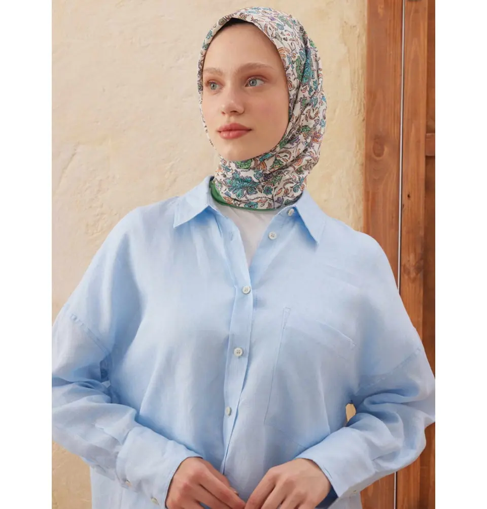 Patterned Viscose Cotton Square Hijab Morocco - Turquoise