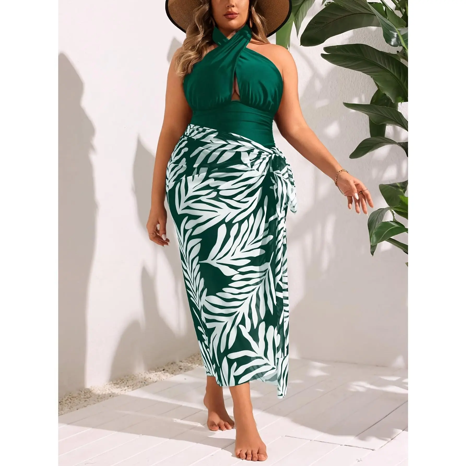 Women's Curvy Plus Size (4XL) 2-Piece Swim Set - Solid Dark Green Twist Halter Cutout Bathing Suit, Tropical Leaf Print Wrap Tie Midi Sarong (Bathing Suit Skirt Cover Up), Poolside Swim & Beach Wear Elegant Resort Outfit, Includes Sarong, Made For Sunny B