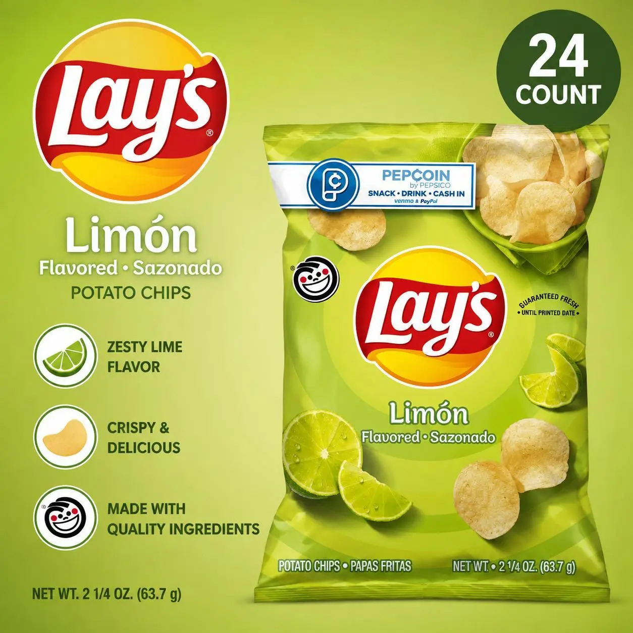 Lay's Crispy Crunchy Tangy Lemon Lime Potato Chips, 2.25 oz, 24 Packs XVL
